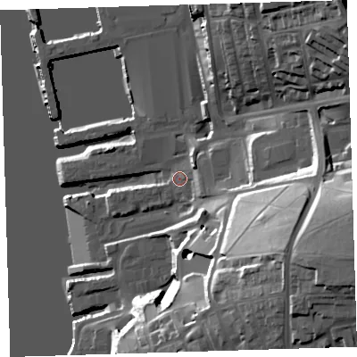Shaded relief map of the ground around PL14FN, computed from Environment Agency LiDAR. The ground here sits at about 5 m above sea level and falls 44 m across the surrounding 800 m. Surface water reaching this point runs off ground lying to the east-south-east, 8.5 m higher.