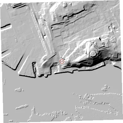 Shaded relief map of the ground around PL14LB, computed from Environment Agency LiDAR. The ground here sits at about 9 m above sea level and falls 37 m across the surrounding 800 m. Surface water reaching this point runs off ground lying to the east-north-east, 26.8 m higher.