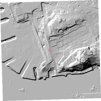 Shaded relief map of the ground around PL14LH, computed from Environment Agency LiDAR. The ground here sits at about 13 m above sea level and falls 37 m across the surrounding 800 m. Surface water reaching this point runs off ground lying to the north, 7.8 m higher.