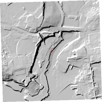 Shaded relief map of the ground around PL14LL, computed from Environment Agency LiDAR. The ground here sits at about 4 m above sea level and falls 32 m across the surrounding 800 m. Surface water reaching this point runs off ground lying to the north-north-west, 30.9 m higher.