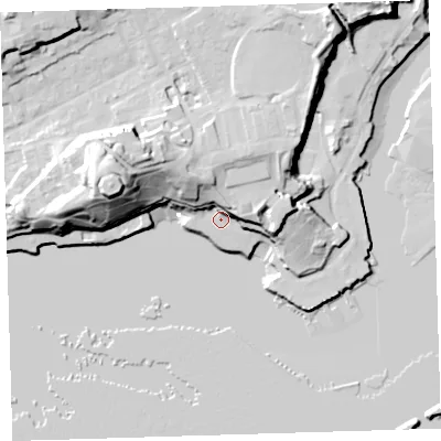 Shaded relief map of the ground around PL14LN, computed from Environment Agency LiDAR. The ground here sits at about 5 m above sea level and falls 37 m across the surrounding 800 m. Surface water reaching this point runs off ground lying to the north-west, 20.1 m higher.