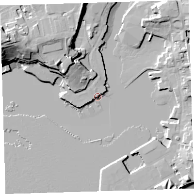 Shaded relief map of the ground around PL14LS, computed from Environment Agency LiDAR. The ground here sits at about 4 m above sea level and falls 32 m across the surrounding 800 m. Surface water reaching this point runs off ground lying to the north-north-west, 5.8 m higher.