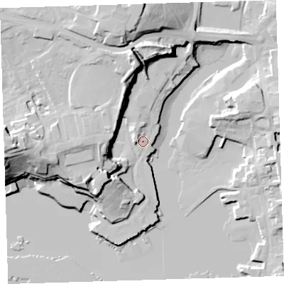 Shaded relief map of the ground around PL14LX, computed from Environment Agency LiDAR. The ground here sits at about 4 m above sea level and falls 32 m across the surrounding 800 m. Surface water reaching this point runs off ground lying to the west, 3.6 m higher.
