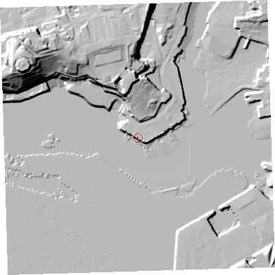 Shaded relief map of the ground around PL14QA, computed from Environment Agency LiDAR. The ground here sits at about 4 m above sea level and falls 37 m across the surrounding 800 m. Surface water reaching this point runs off ground lying to the north, 26.0 m higher.