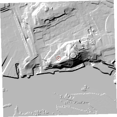 Shaded relief map of the ground around PL14QE, computed from Environment Agency LiDAR. The ground here sits at about 20 m above sea level and falls 37 m across the surrounding 800 m. Surface water reaching this point runs off ground lying to the east-north-east, 13.4 m higher.