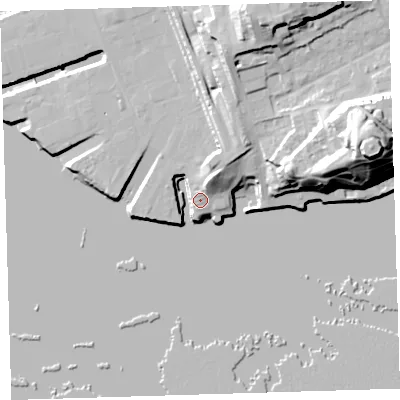 Shaded relief map of the ground around PL14TP, computed from Environment Agency LiDAR. The ground here sits at about 5 m above sea level and falls 37 m across the surrounding 800 m. Surface water reaching this point runs off ground lying to the north-north-east, 14.5 m higher.
