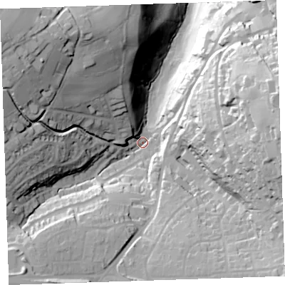 Shaded relief map of the ground around PL157BY, computed from Environment Agency LiDAR. The ground here sits at about 109 m above sea level and falls 73 m across the surrounding 800 m. Surface water reaching this point runs off ground lying to the west, 43.0 m higher.