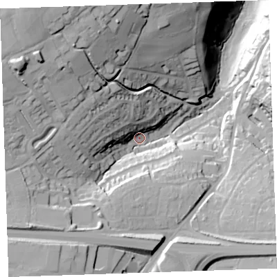 Shaded relief map of the ground around PL157DJ, computed from Environment Agency LiDAR. The ground here sits at about 120 m above sea level and falls 70 m across the surrounding 800 m. Surface water reaching this point runs off ground lying to the north-west, 47.9 m higher.