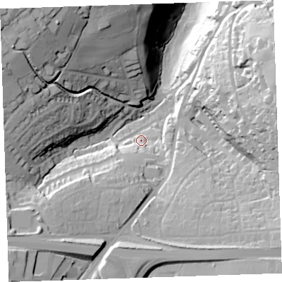 Shaded relief map of the ground around PL157LN, computed from Environment Agency LiDAR. The ground here sits at about 117 m above sea level and falls 67 m across the surrounding 800 m. Surface water reaching this point runs off ground lying to the south, 19.0 m higher.