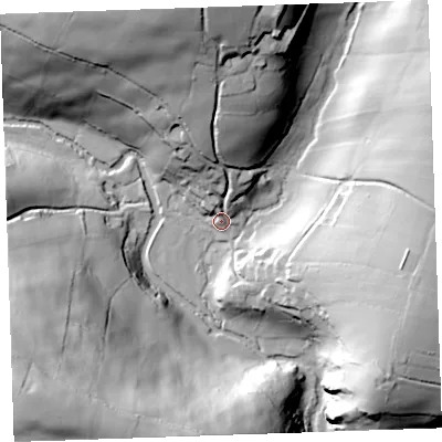 Shaded relief map of the ground around PL157NW, computed from Environment Agency LiDAR. The ground here sits at about 99 m above sea level and falls 75 m across the surrounding 800 m. Surface water reaching this point runs off ground lying to the north, 51.6 m higher.