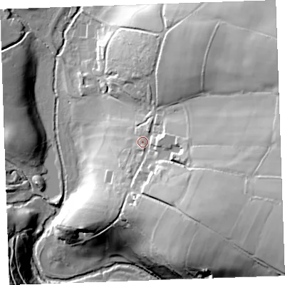 Shaded relief map of the ground around PL157PD, computed from Environment Agency LiDAR. The ground here sits at about 142 m above sea level and falls 53 m across the surrounding 800 m. Surface water reaching this point runs off ground lying to the south-east, 20.3 m higher.
