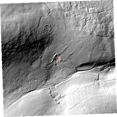 Shaded relief map of the ground around PL157PE, computed from Environment Agency LiDAR. The ground here sits at about 251 m above sea level and falls 139 m across the surrounding 800 m. Surface water reaching this point runs off ground lying to the west-north-west, 63.8 m higher.