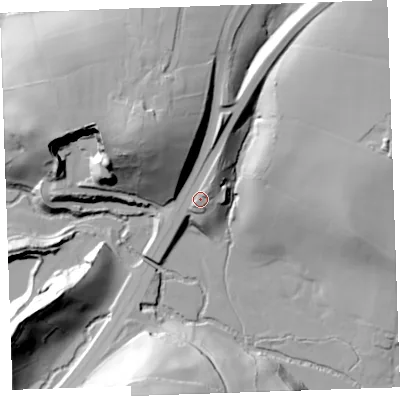 Shaded relief map of the ground around PL157QN, computed from Environment Agency LiDAR. The ground here sits at about 125 m above sea level and falls 52 m across the surrounding 800 m. Surface water reaching this point runs off ground lying to the north-north-east, 6.9 m higher.