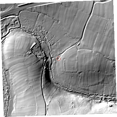 Shaded relief map of the ground around PL157SA, computed from Environment Agency LiDAR. The ground here sits at about 225 m above sea level and falls 39 m across the surrounding 800 m. Surface water reaching this point runs off ground lying to the east-north-east, 8.1 m higher.
