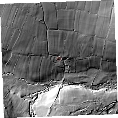 Shaded relief map of the ground around PL157SB, computed from Environment Agency LiDAR. The ground here sits at about 220 m above sea level and falls 41 m across the surrounding 800 m. Surface water reaching this point runs off ground lying to the north-north-west, 19.6 m higher.