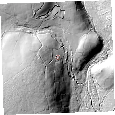 Shaded relief map of the ground around PL157TW, computed from Environment Agency LiDAR. The ground here sits at about 251 m above sea level and falls 67 m across the surrounding 800 m. Surface water reaching this point runs off ground lying to the west-south-west, 36.4 m higher.