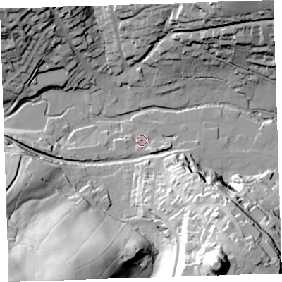Shaded relief map of the ground around PL158DA, computed from Environment Agency LiDAR. The ground here sits at about 69 m above sea level and falls 91 m across the surrounding 800 m. Surface water reaching this point runs off ground lying to the south-east, 4.6 m higher.