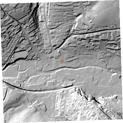 Shaded relief map of the ground around PL158DF, computed from Environment Agency LiDAR. The ground here sits at about 69 m above sea level and falls 73 m across the surrounding 800 m. Surface water reaching this point runs off ground lying to the north-north-east, 13.8 m higher.