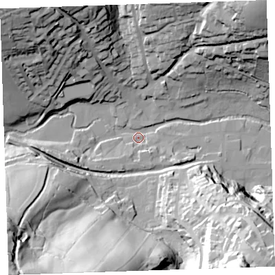 Shaded relief map of the ground around PL158DH, computed from Environment Agency LiDAR. The ground here sits at about 67 m above sea level and falls 82 m across the surrounding 800 m. Surface water reaching this point runs off ground lying to the north-west, 49.9 m higher.
