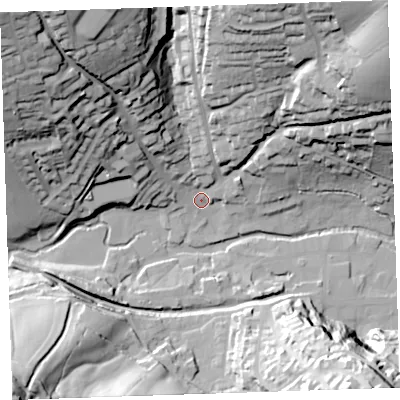 Shaded relief map of the ground around PL158EL, computed from Environment Agency LiDAR. The ground here sits at about 69 m above sea level and falls 66 m across the surrounding 800 m. Surface water reaching this point runs off ground lying to the north-east, 63.5 m higher.