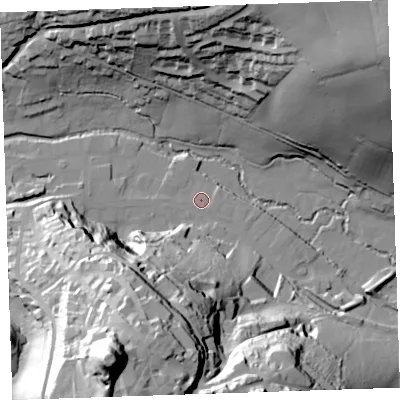 Shaded relief map of the ground around PL158EX, computed from Environment Agency LiDAR. The ground here sits at about 67 m above sea level and falls 94 m across the surrounding 800 m. Surface water reaching this point runs off ground lying to the south-south-west, 86.9 m higher.