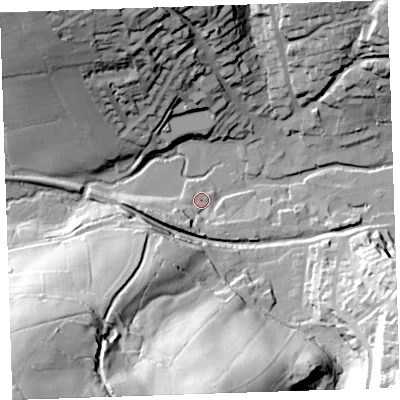 Shaded relief map of the ground around PL158GX, computed from Environment Agency LiDAR. The ground here sits at about 69 m above sea level and falls 88 m across the surrounding 800 m. Surface water reaching this point runs off ground lying to the south-south-west, 8.3 m higher.