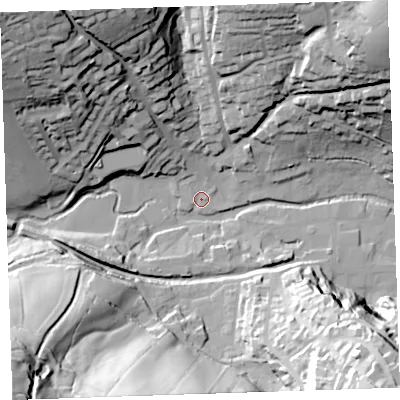 Shaded relief map of the ground around PL158HS, computed from Environment Agency LiDAR. The ground here sits at about 67 m above sea level and falls 62 m across the surrounding 800 m. Surface water reaching this point runs off ground lying to the north-west, 13.2 m higher.