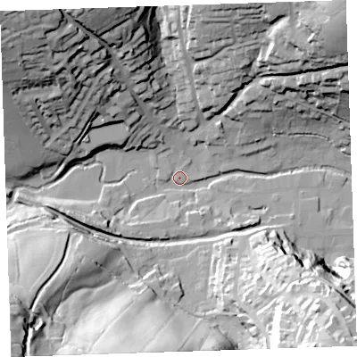 Shaded relief map of the ground around PL158HT, computed from Environment Agency LiDAR. The ground here sits at about 67 m above sea level and falls 63 m across the surrounding 800 m. Surface water reaching this point runs off ground lying to the north-west, 54.3 m higher.