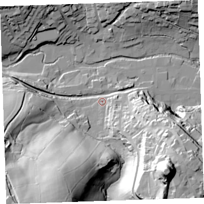 Shaded relief map of the ground around PL158HZ, computed from Environment Agency LiDAR. The ground here sits at about 74 m above sea level and falls 91 m across the surrounding 800 m. Surface water reaching this point runs off ground lying to the south-east, 84.4 m higher.