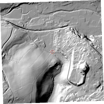 Shaded relief map of the ground around PL158JE, computed from Environment Agency LiDAR. The ground here sits at about 79 m above sea level and falls 93 m across the surrounding 800 m. Surface water reaching this point runs off ground lying to the east-south-east, 76.6 m higher.