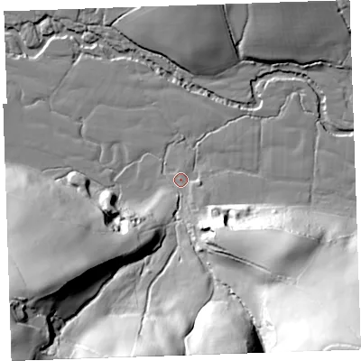 Shaded relief map of the ground around PL158LB, computed from Environment Agency LiDAR. The ground here sits at about 70 m above sea level and falls 72 m across the surrounding 800 m. Surface water reaching this point runs off ground lying to the south-east, 66.6 m higher.