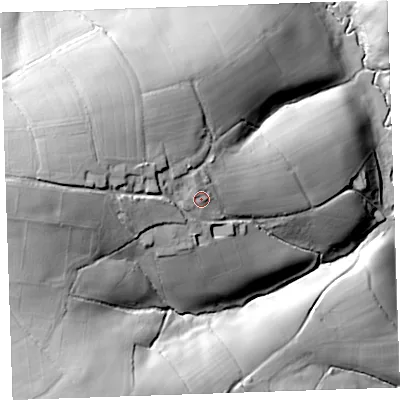 Shaded relief map of the ground around PL158NP, computed from Environment Agency LiDAR. The ground here sits at about 127 m above sea level and falls 50 m across the surrounding 800 m. Surface water reaching this point runs off ground lying to the west-north-west, 15.1 m higher.