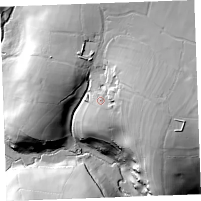 Shaded relief map of the ground around PL158PY, computed from Environment Agency LiDAR. The ground here sits at about 244 m above sea level and falls 58 m across the surrounding 800 m. Surface water reaching this point runs off ground lying to the east, 16.6 m higher.