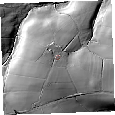 Shaded relief map of the ground around PL158RZ, computed from Environment Agency LiDAR. The ground here sits at about 140 m above sea level and falls 48 m across the surrounding 800 m. Surface water reaching this point runs off ground lying to the south-south-west, 9.5 m higher.