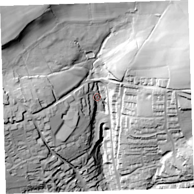 Shaded relief map of the ground around PL158SF, computed from Environment Agency LiDAR. The ground here sits at about 104 m above sea level and falls 80 m across the surrounding 800 m. Surface water reaching this point runs off ground lying to the north-west, 56.8 m higher.