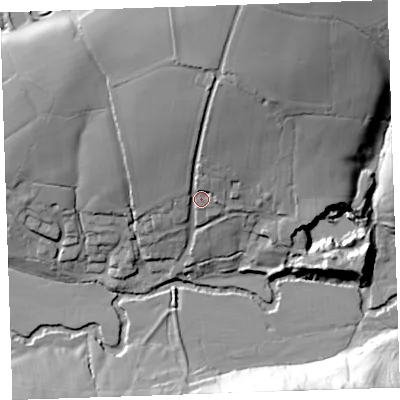 Shaded relief map of the ground around PL158TH, computed from Environment Agency LiDAR. The ground here sits at about 79 m above sea level and falls 50 m across the surrounding 800 m. Surface water reaching this point runs off ground lying to the north-north-east, 34.2 m higher.