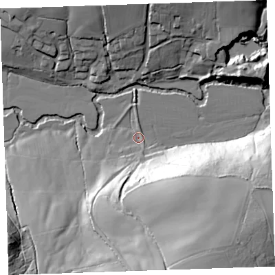 Shaded relief map of the ground around PL158TJ, computed from Environment Agency LiDAR. The ground here sits at about 65 m above sea level and falls 54 m across the surrounding 800 m. Surface water reaching this point runs off ground lying to the south-east, 50.9 m higher.