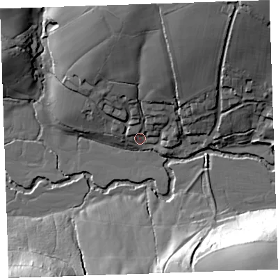 Shaded relief map of the ground around PL158TL, computed from Environment Agency LiDAR. The ground here sits at about 68 m above sea level and falls 46 m across the surrounding 800 m. Surface water reaching this point runs off ground lying to the north, 28.9 m higher.