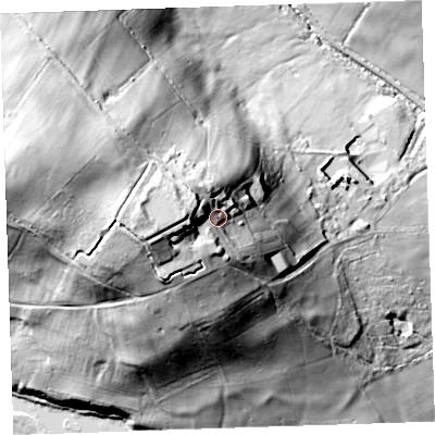 Shaded relief map of the ground around PL158TR, computed from Environment Agency LiDAR. The ground here sits at about 106 m above sea level and falls 61 m across the surrounding 800 m. Surface water reaching this point runs off ground lying to the west-north-west, 8.6 m higher.