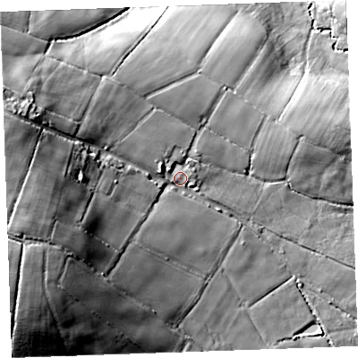 Shaded relief map of the ground around PL158UA, computed from Environment Agency LiDAR. The ground here sits at about 123 m above sea level and falls 40 m across the surrounding 800 m. Surface water reaching this point runs off ground lying to the west-north-west, 24.9 m higher.