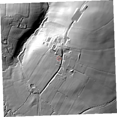 Shaded relief map of the ground around PL158UB, computed from Environment Agency LiDAR. The ground here sits at about 134 m above sea level and falls 40 m across the surrounding 800 m. Surface water reaching this point runs off ground lying to the east-north-east, 8.2 m higher.