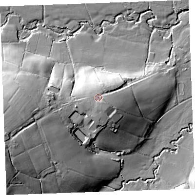 Shaded relief map of the ground around PL158UW, computed from Environment Agency LiDAR. The ground here sits at about 129 m above sea level and falls 36 m across the surrounding 800 m. Surface water reaching this point runs off ground lying to the south-east, 1.8 m higher.