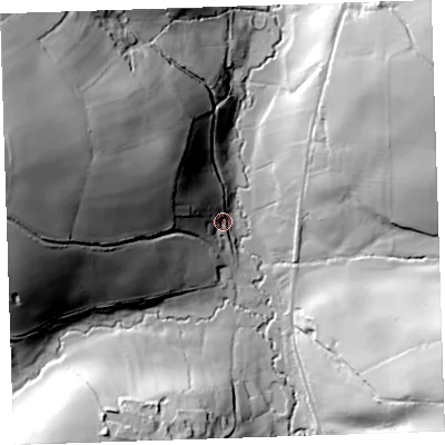 Shaded relief map of the ground around PL159NA, computed from Environment Agency LiDAR. The ground here sits at about 65 m above sea level and falls 77 m across the surrounding 800 m. Surface water reaching this point runs off ground lying to the west-north-west, 47.0 m higher.