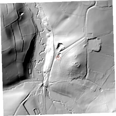 Shaded relief map of the ground around PL159NN, computed from Environment Agency LiDAR. The ground here sits at about 71 m above sea level and falls 68 m across the surrounding 800 m. Surface water reaching this point runs off ground lying to the east, 22.7 m higher.