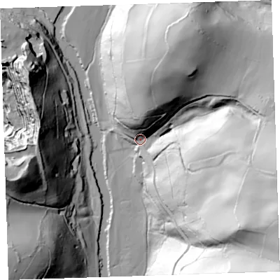 Shaded relief map of the ground around PL159PD, computed from Environment Agency LiDAR. The ground here sits at about 52 m above sea level and falls 108 m across the surrounding 800 m. Surface water reaching this point runs off ground lying to the east-south-east, 84.2 m higher.