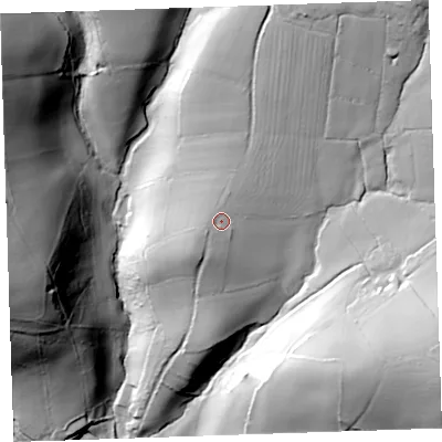 Shaded relief map of the ground around PL159QE, computed from Environment Agency LiDAR. The ground here sits at about 117 m above sea level and falls 86 m across the surrounding 800 m. Surface water reaching this point runs off ground lying to the south-west, 3.2 m higher.
