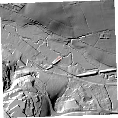 Shaded relief map of the ground around PL159QN, computed from Environment Agency LiDAR. The ground here sits at about 63 m above sea level and falls 91 m across the surrounding 800 m. Surface water reaching this point runs off ground lying to the south-west, 86.8 m higher.