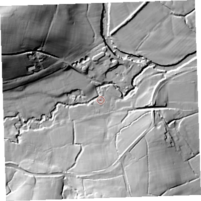 Shaded relief map of the ground around PL159QR, computed from Environment Agency LiDAR. The ground here sits at about 53 m above sea level and falls 47 m across the surrounding 800 m. Surface water reaching this point runs off ground lying to the north-west, 43.6 m higher.