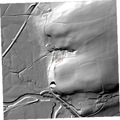 Shaded relief map of the ground around PL159QU, computed from Environment Agency LiDAR. The ground here sits at about 71 m above sea level and falls 76 m across the surrounding 800 m. Surface water reaching this point runs off ground lying to the east-south-east, 39.5 m higher.