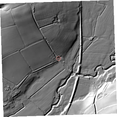 Shaded relief map of the ground around PL159QX, computed from Environment Agency LiDAR. The ground here sits at about 60 m above sea level and falls 46 m across the surrounding 800 m. Surface water reaching this point runs off ground lying to the north-north-west, 26.0 m higher.